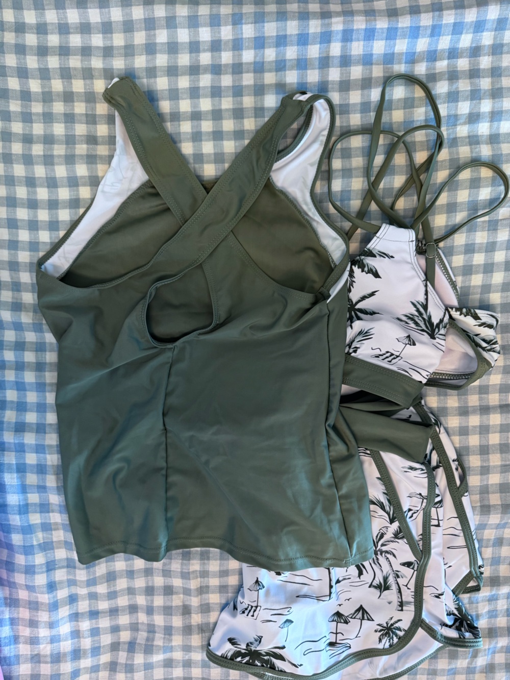 NEW - 3 piece swim set - bikini top, shorts, tank olive Tropical Print- Medium